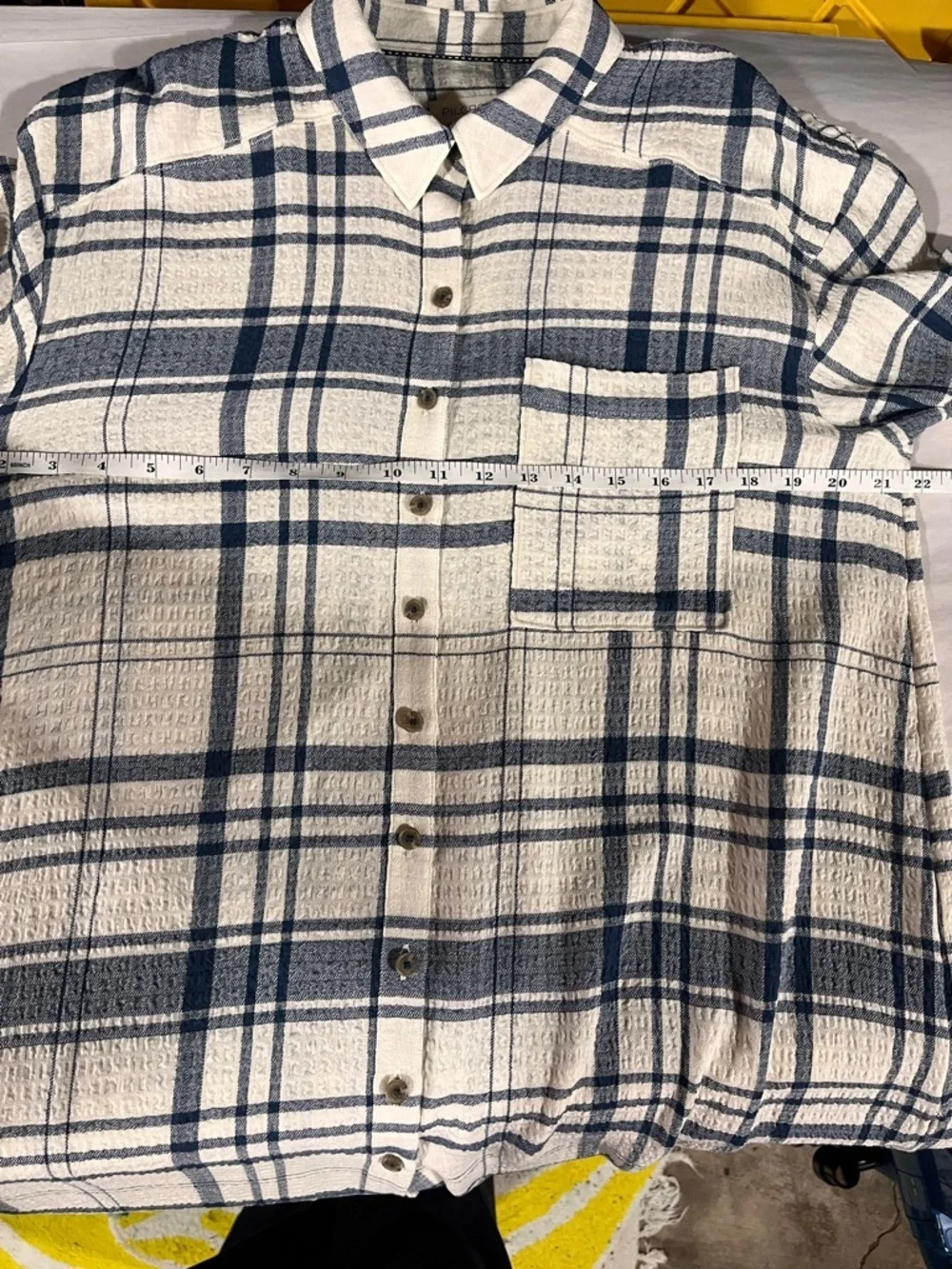 Pilcro Cream and Navy Long-Line Button Front Plaid High-Low Shirt Dress